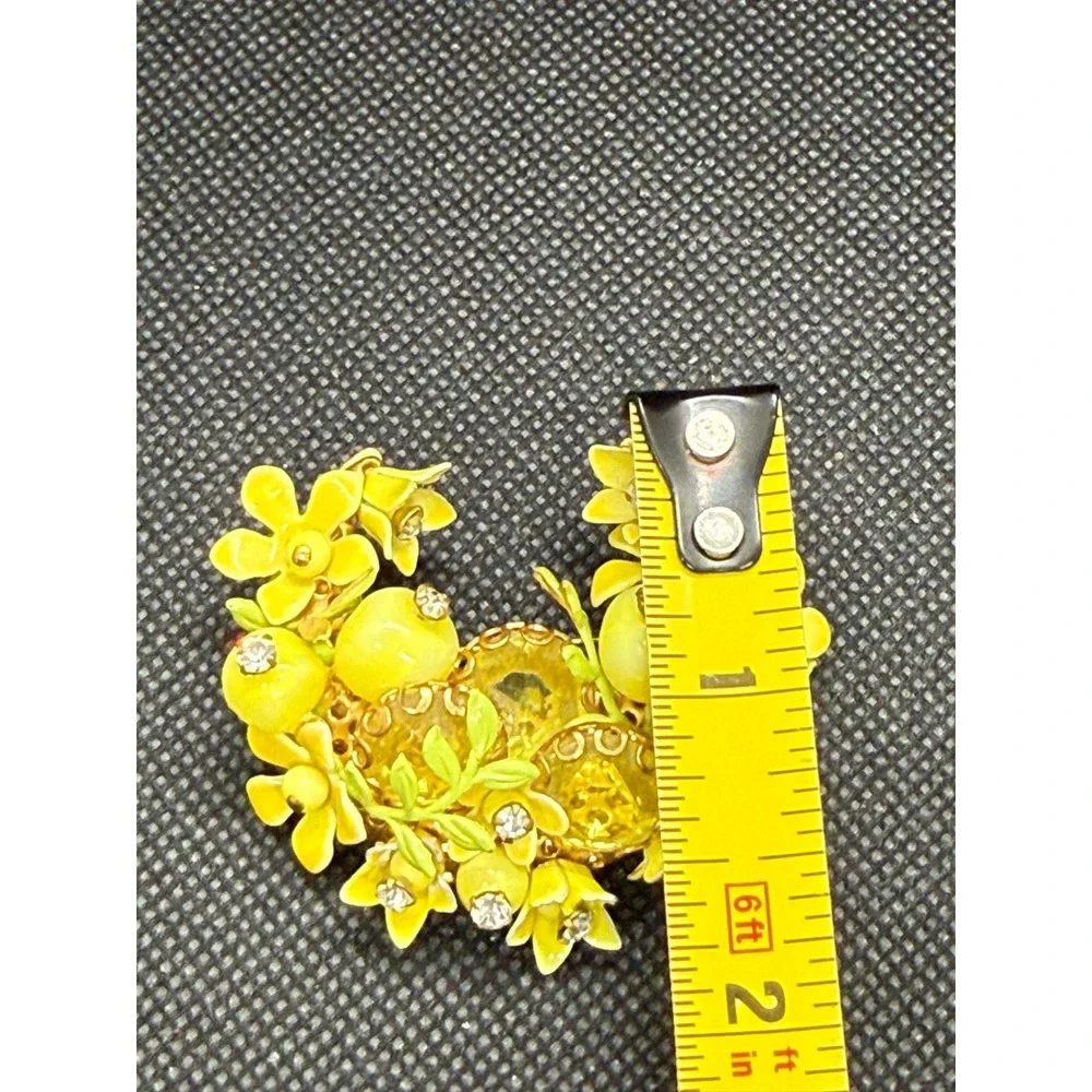 Vintage Yellow Enamel Flower Fruit Crescent Moon Brooch Rhinestone Gold Tone